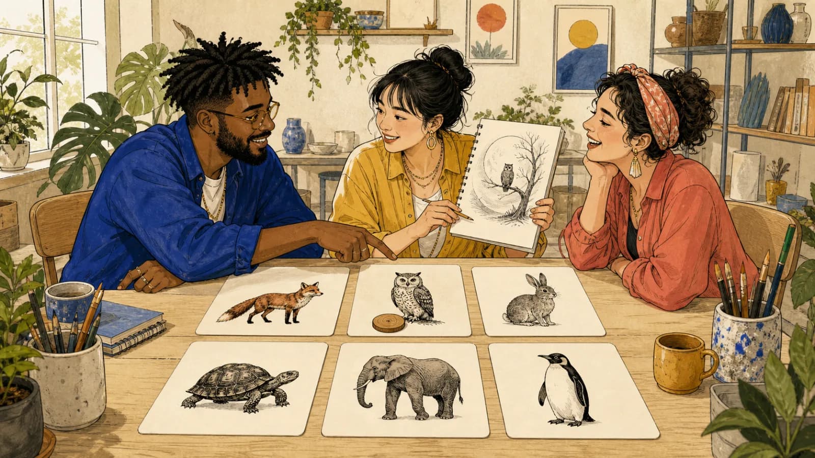 Three adults use wordless animal cards and a wooden token to randomly select an owl for a collaborative writing activity.