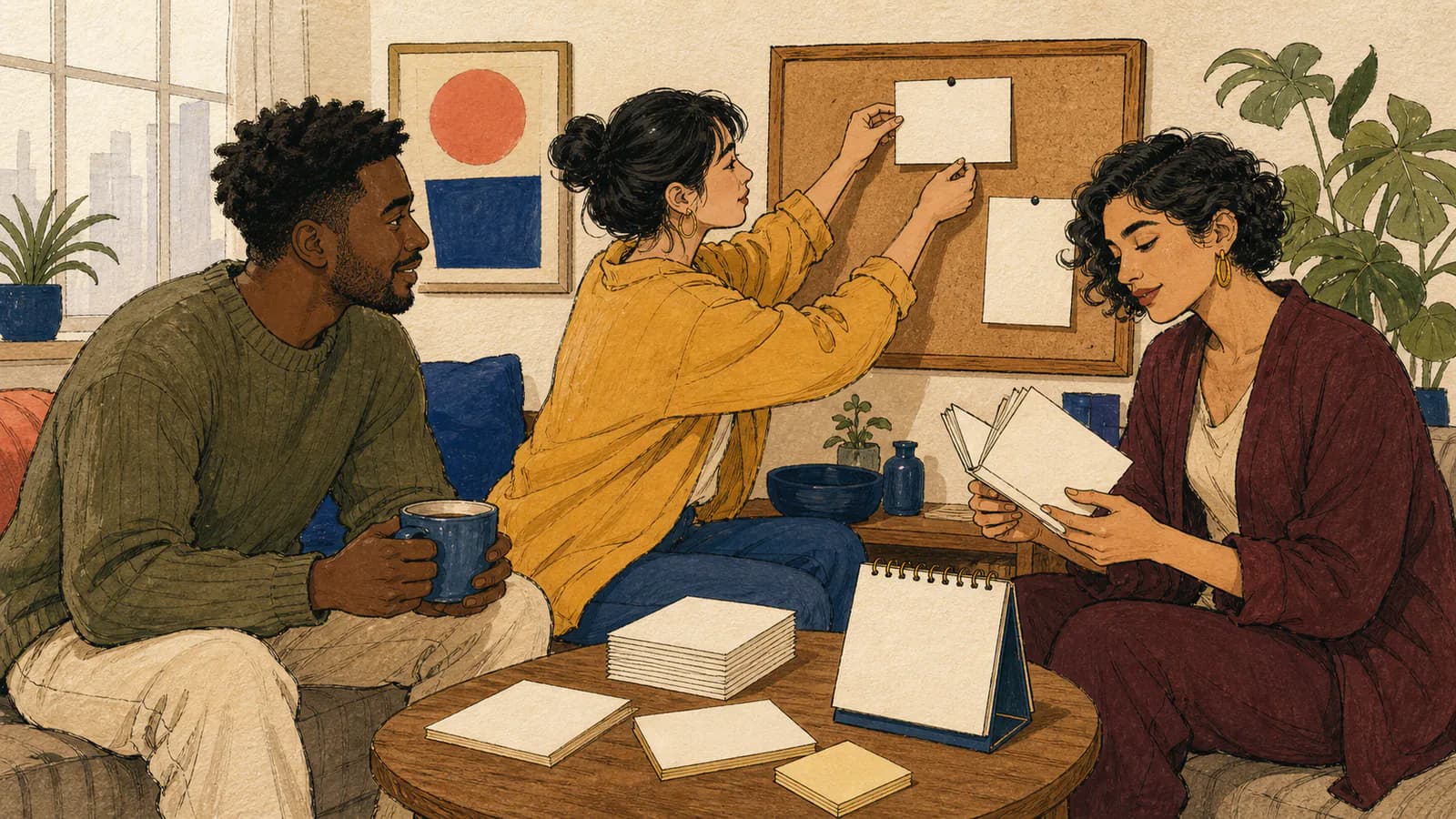 Three friends in a city apartment living room taking turns drawing blank verse cards, one pinning a card on a cork board while another leafs through a bookmark booklet and the third listens over a mug.