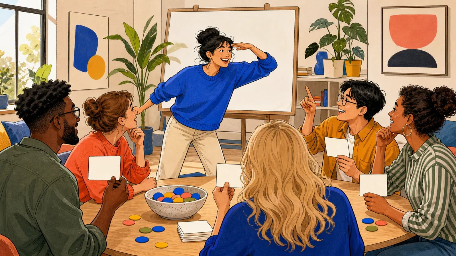 A diverse group plays charades as one person acts out a silent clue while others guess with blank prompt cards.