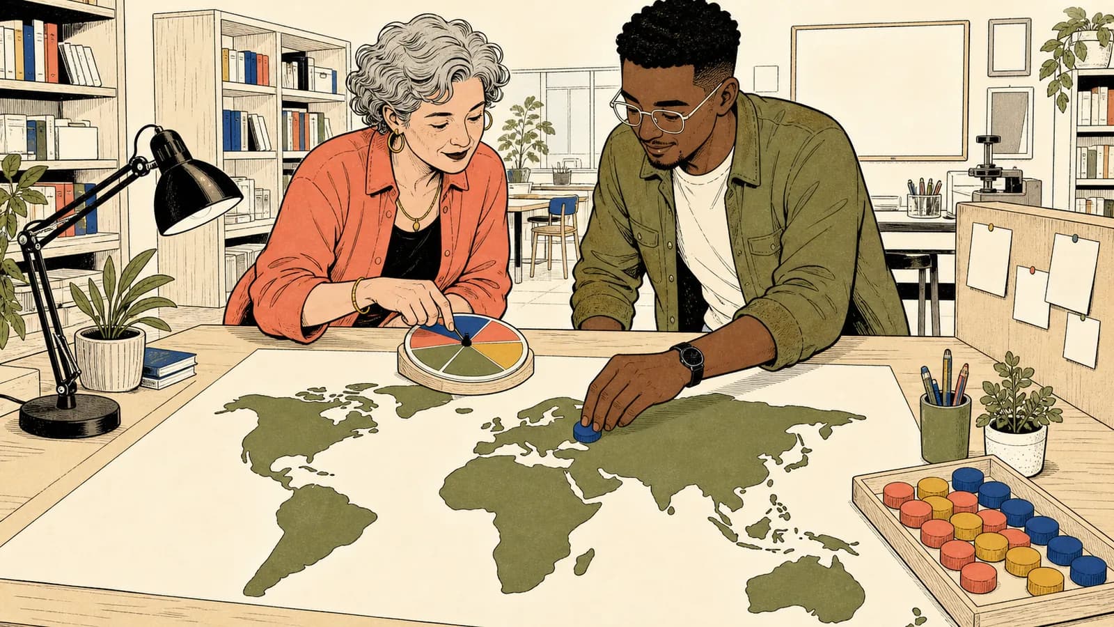 Two people in a public-library maker space use an unlabeled world map, colored city tokens, and a small selector to choose a destination.