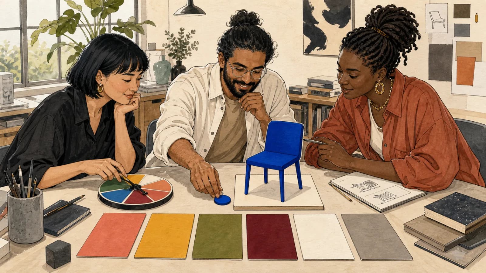 Three adults use a mechanical color wheel to choose cobalt blue and apply it to a blank chair model.