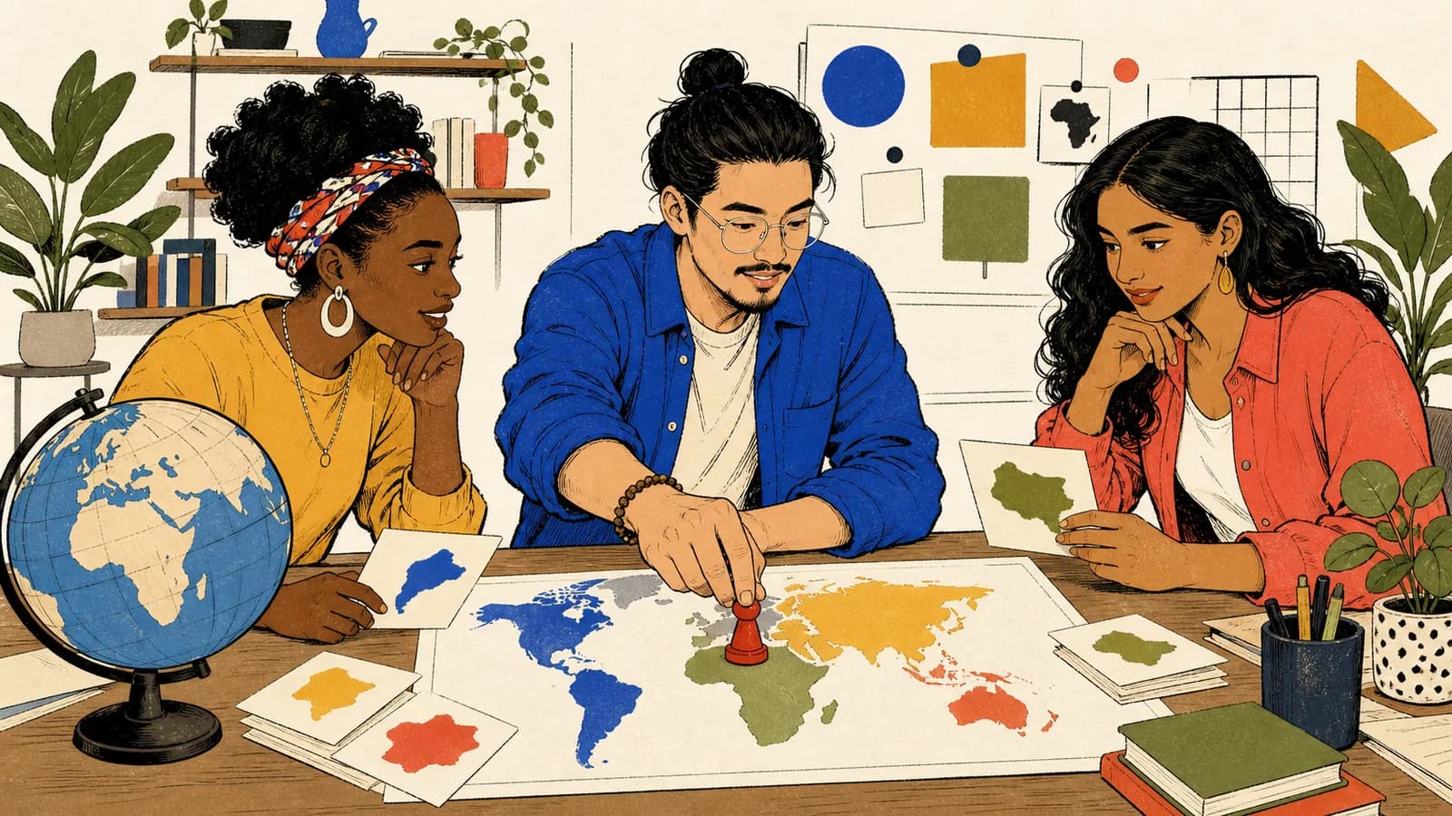 Three adults use a globe, world map, and country cards to make a random country selection in a community studio.