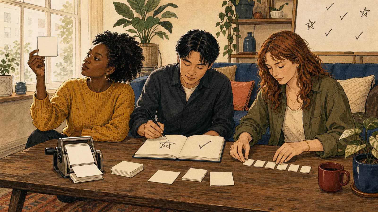 Three adults in a city apartment living room brainstorming made-up words: a woman holds a blank card up to the light, a man draws a star in a notebook, and a woman shuffles face-down letter tiles beside a manual card dispenser.