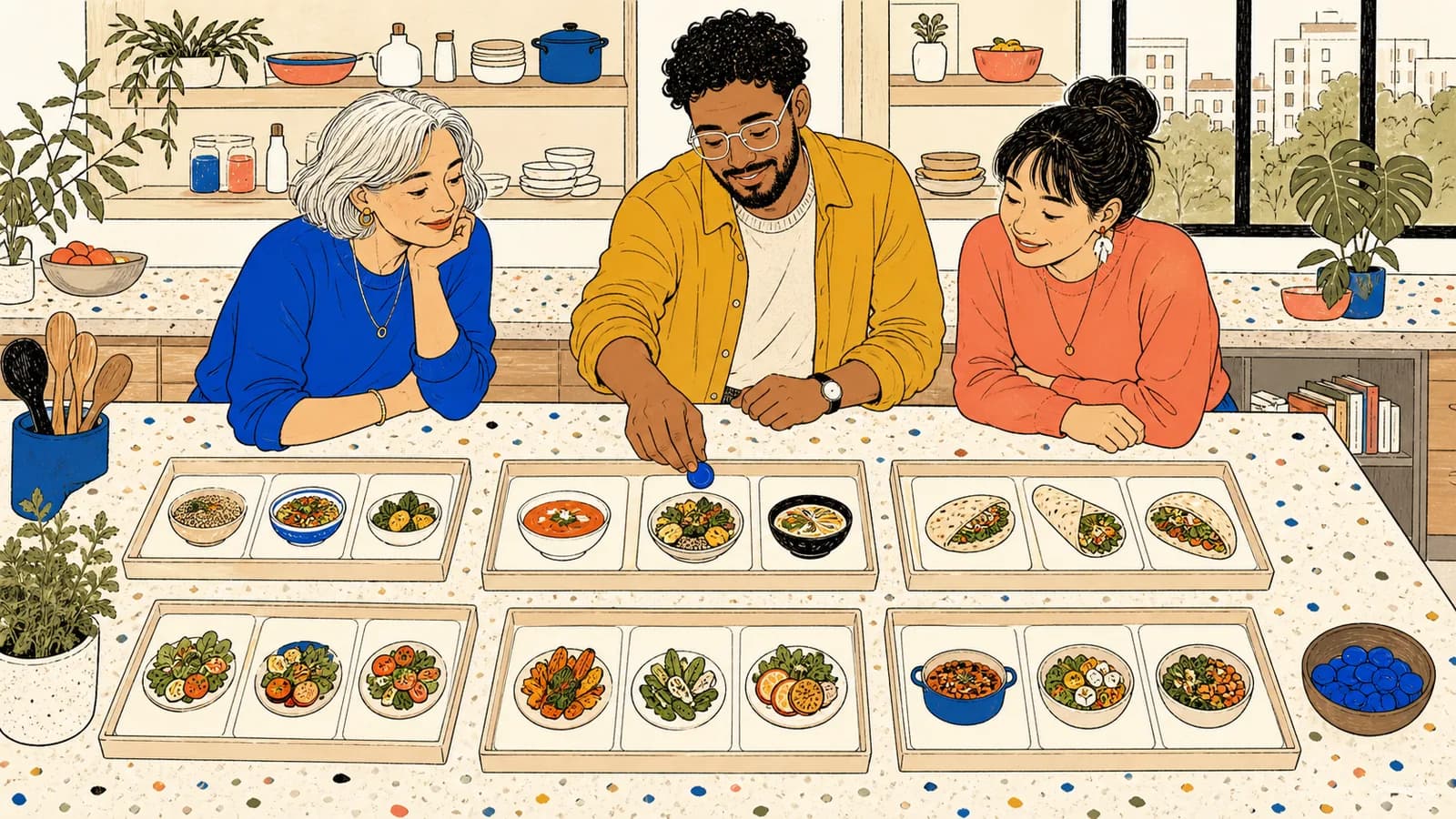 Three adults in an international community kitchen use blank dish cards and a blue selection token to choose a random meal idea.