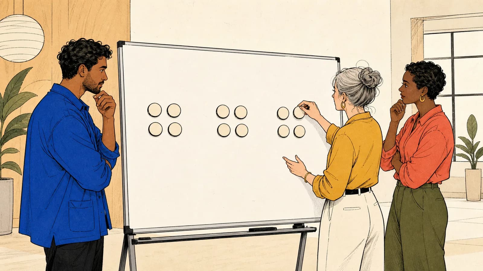 Three adults use a magnetic board to distribute twelve participant tokens evenly into three randomly formed groups.
