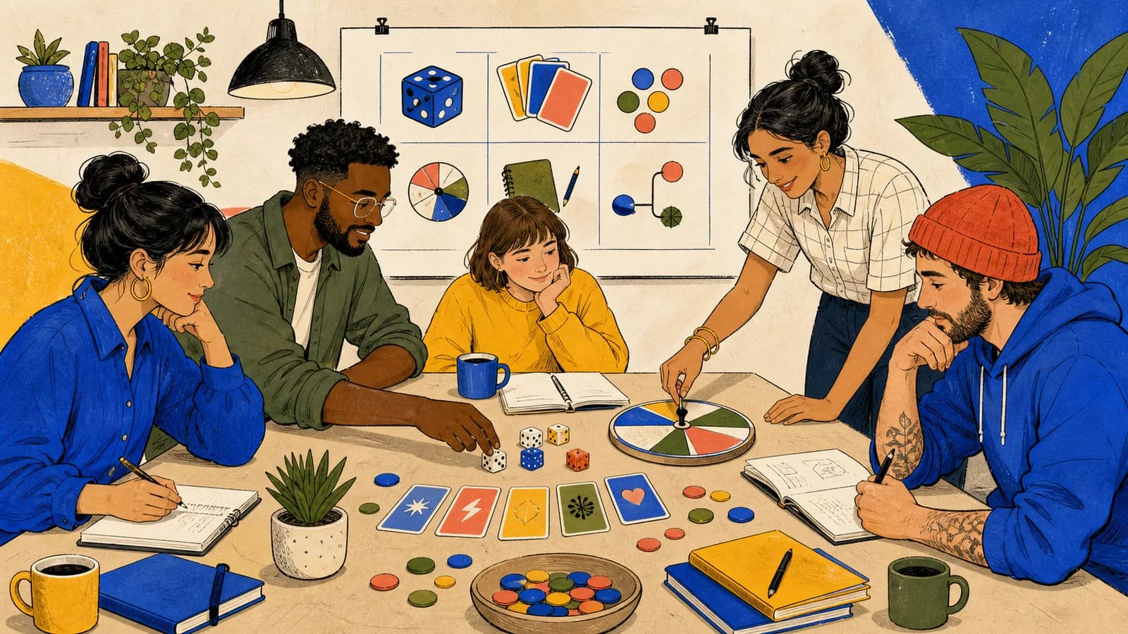 A diverse creative team uses dice, cards, tokens, and a spinner at a shared table to choose random ideas together.