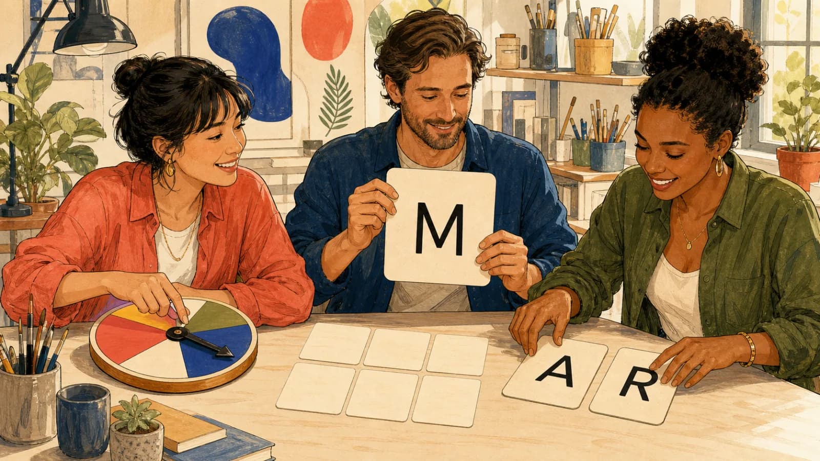 Three adults use a color wheel and large A, M, and R tiles to randomly select a letter in a bright creative workshop.