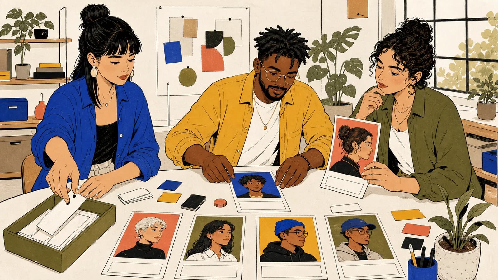 Three adults arrange blank name tags and portrait cards in a global creative studio to generate character names.