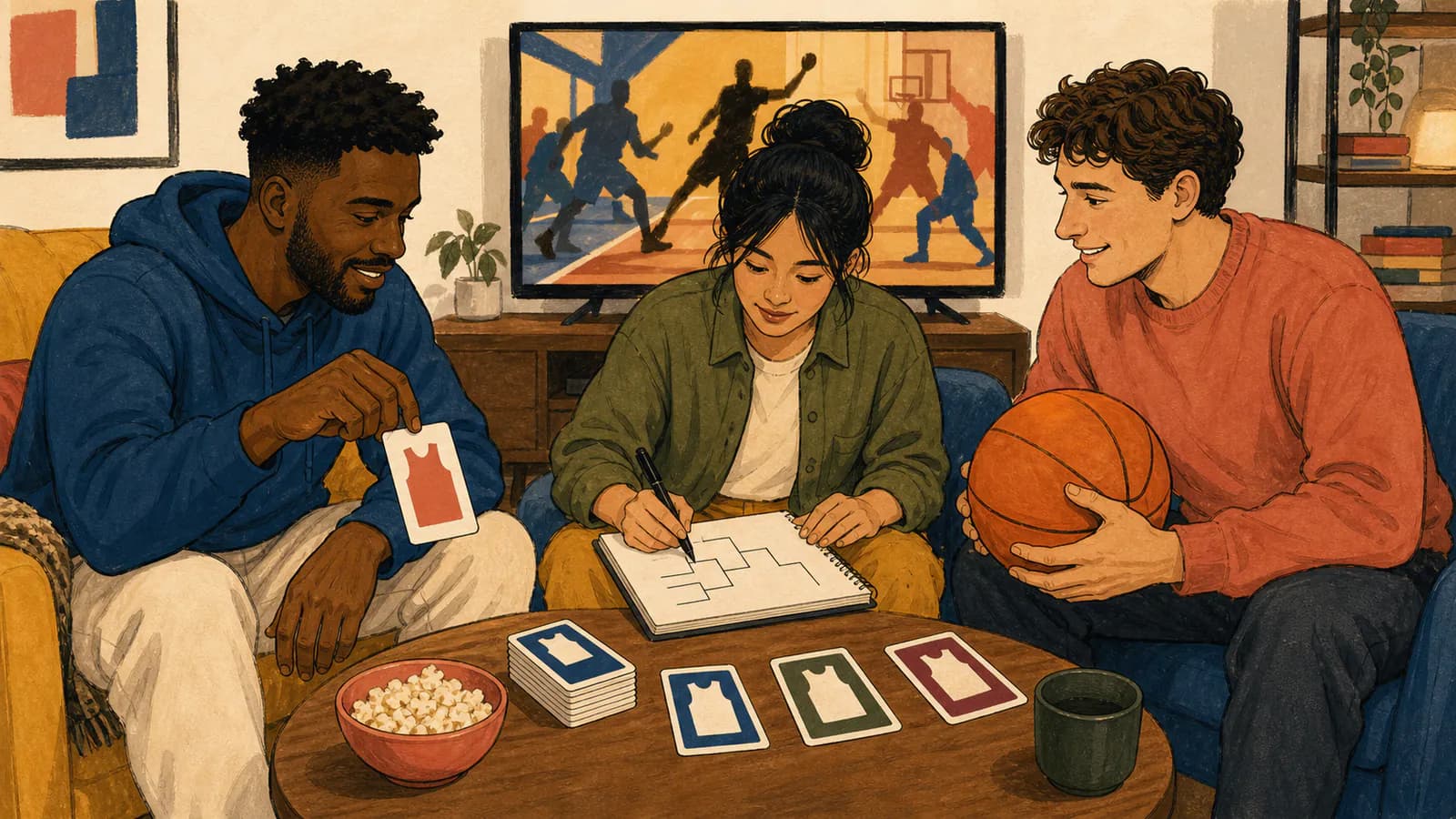 Three friends in a city apartment living room flipping team cards, drawing a bracket in a notebook and holding a basketball around a coffee table