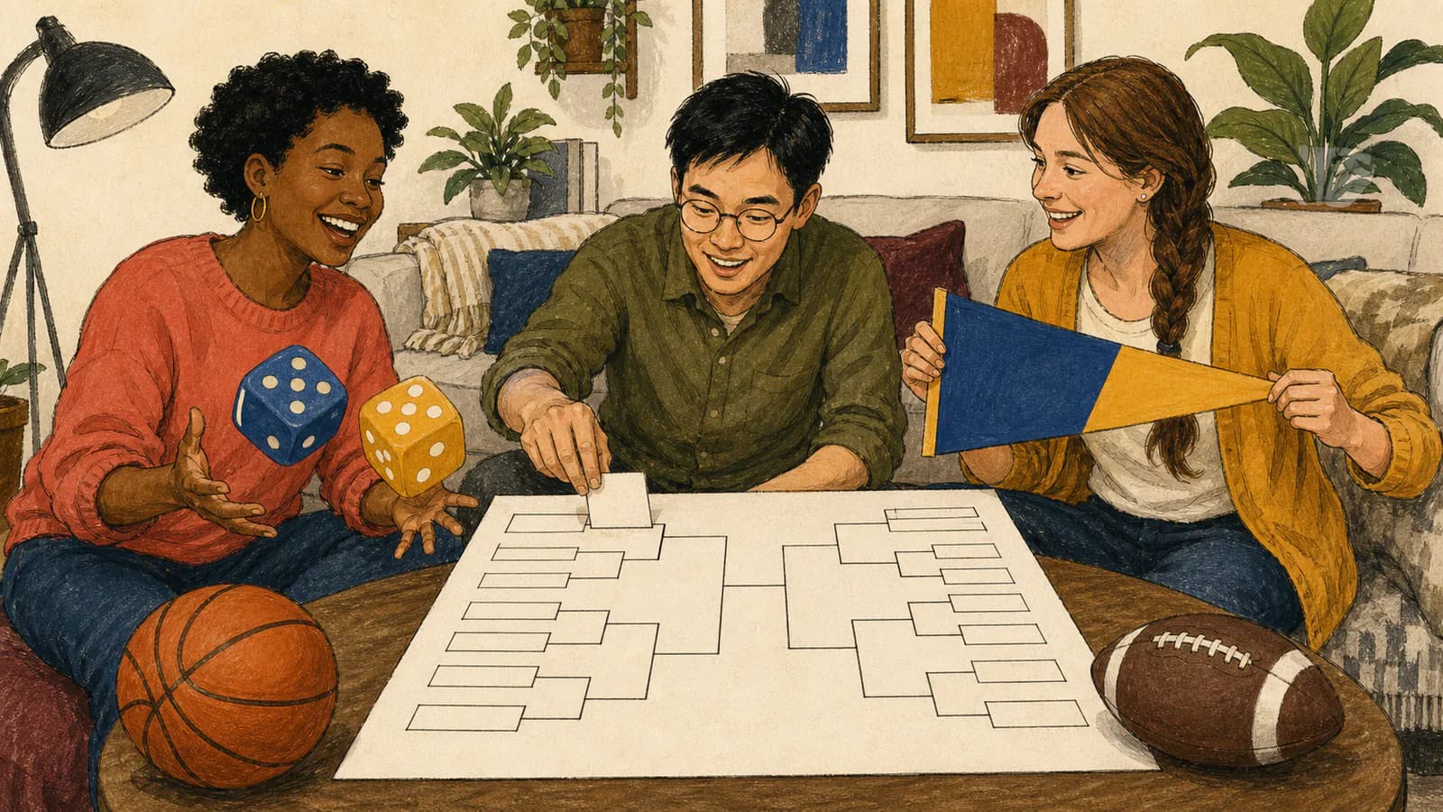 Three friends in a city apartment living room filling in a blank tournament bracket: a woman in a coral sweater tosses two foam dice, a man with round glasses slides a blank team card into a bracket slot, and a woman with a long braid holds a plain cobalt-and-mustard pennant, with a basketball and an American football on the table.