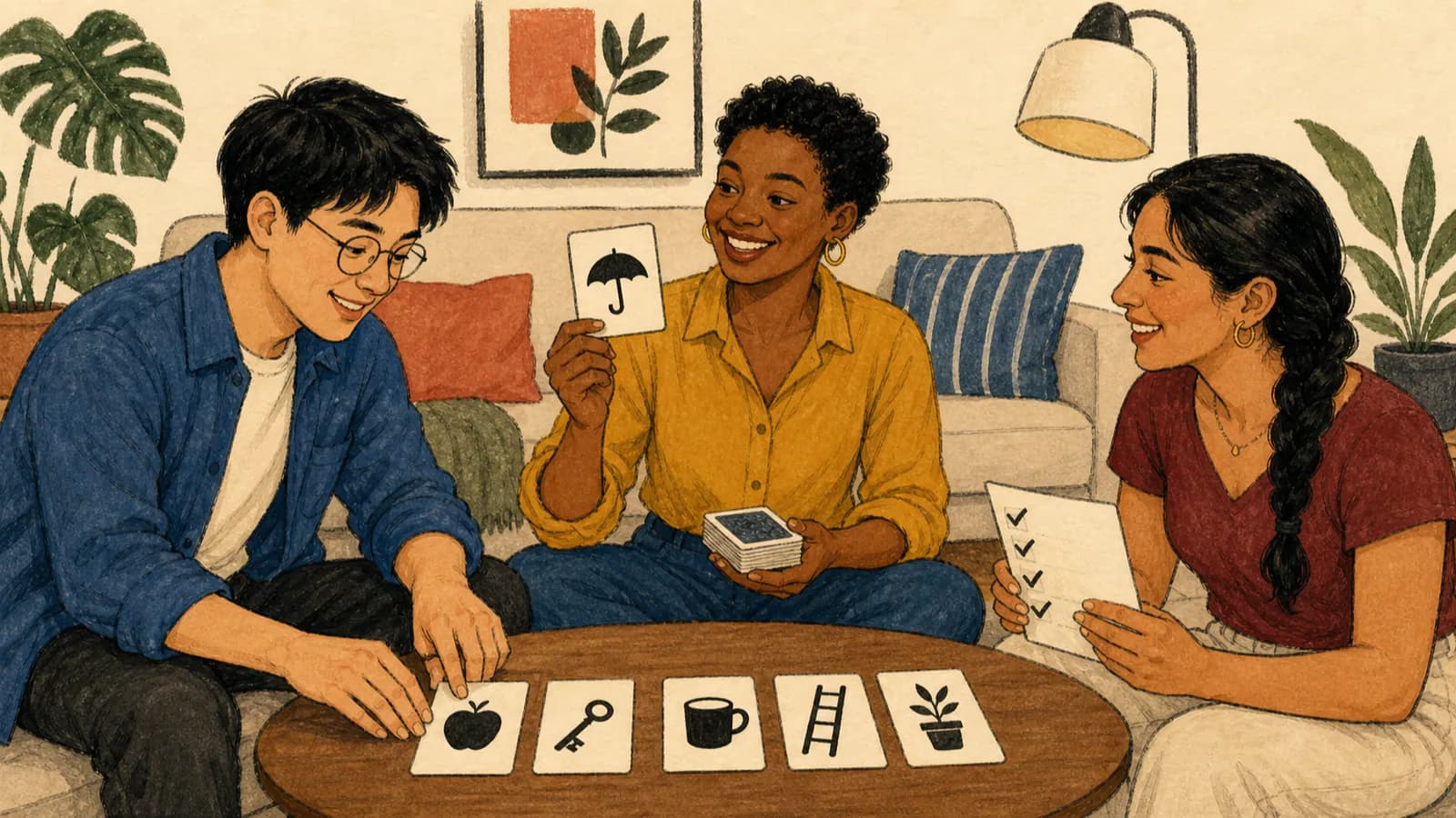 Three friends in a city apartment living room playing an object-card game: a woman holds up a card drawn from a deck, a man lines up drawn cards showing simple object pictograms on the table, and a woman marks a checklist with checkmarks.