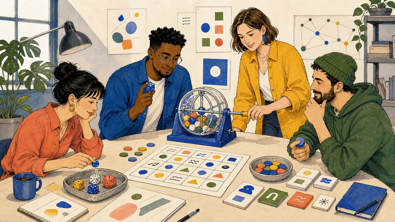 A creative team uses dice, colored counters, a grid board, and a lottery drum to generate a random number range.
