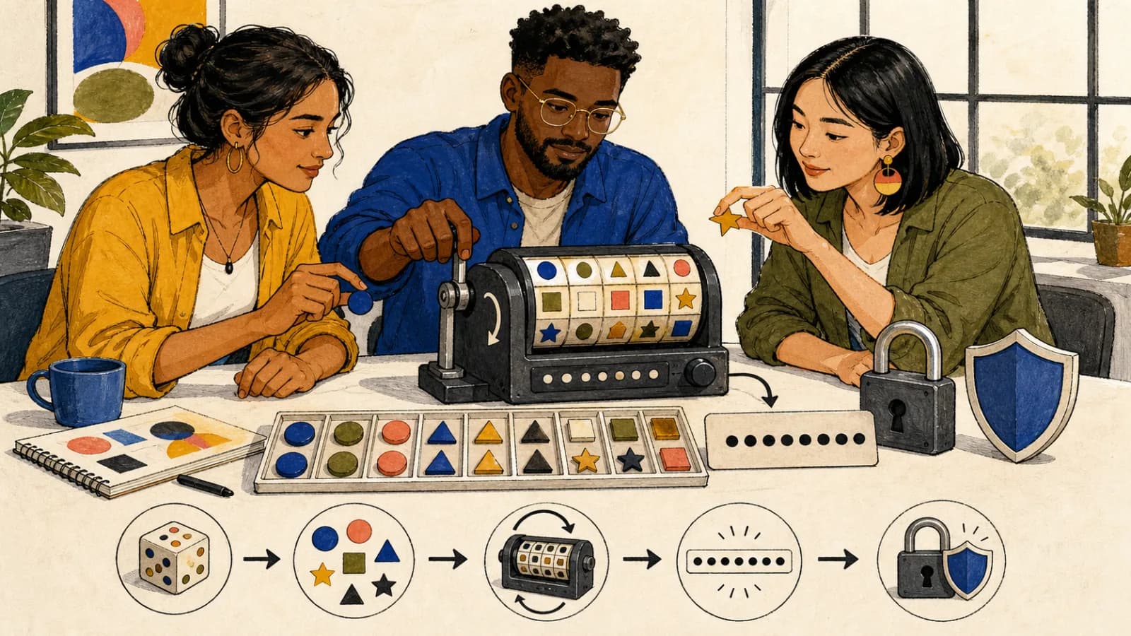 Three adults feed geometric symbol tokens into a tabletop randomizer that outputs masked dots beside a padlock and shield.