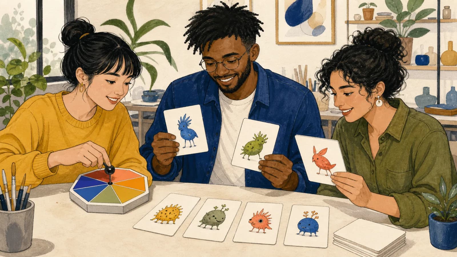 Three friends in a bright creative studio use a hexagonal color-wheel selector to choose from original fantasy creature cards.