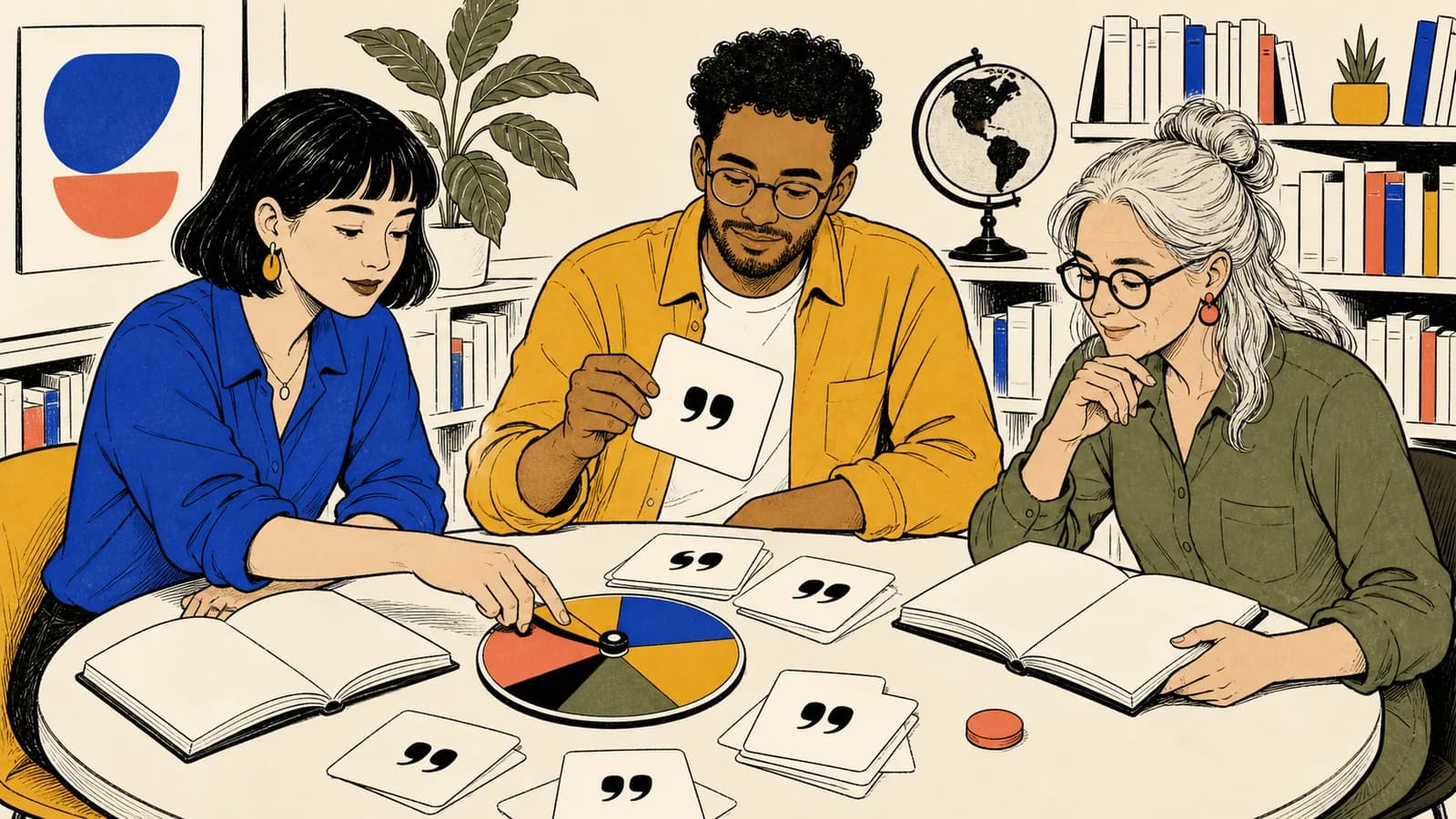 Two people in a contemporary library studio draw a quotation-mark card from a segmented selector while comparing an open book.