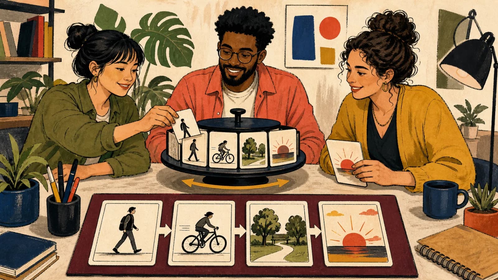 Three adults select person, bicycle, park, and sunset pictogram cards and arrange them as a visual sentence prompt.