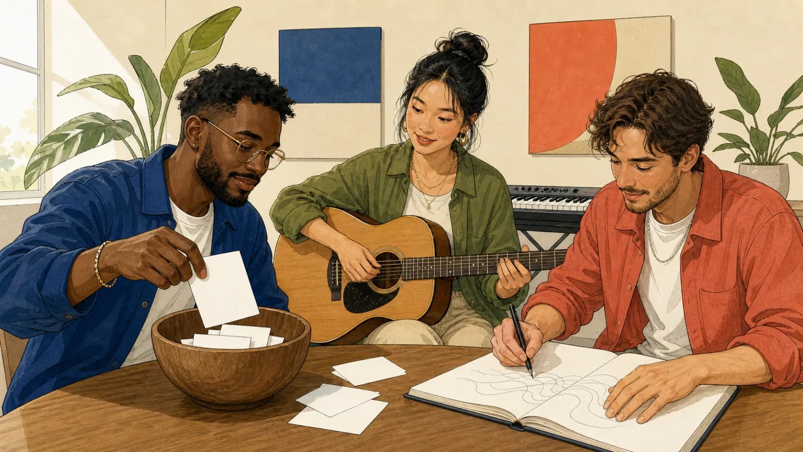 Three adults in a music-writing studio draw a blank prompt card while playing guitar and sketching abstract sound ideas.