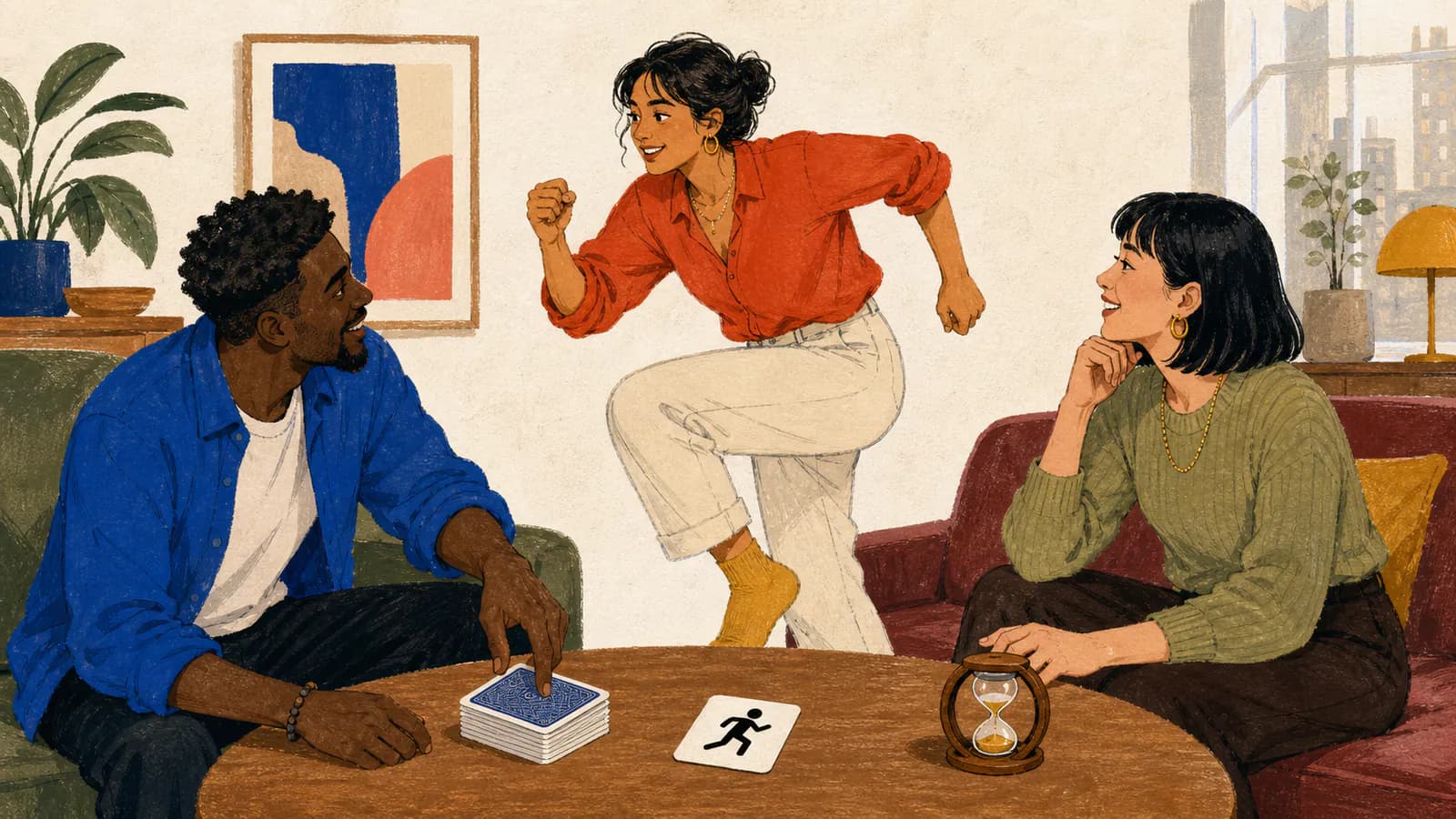 Three friends in a contemporary city apartment living room playing an action-card charades game: a woman stands acting out a running pose, a man draws a card from the deck, and a woman times the round with a small hourglass on the table.