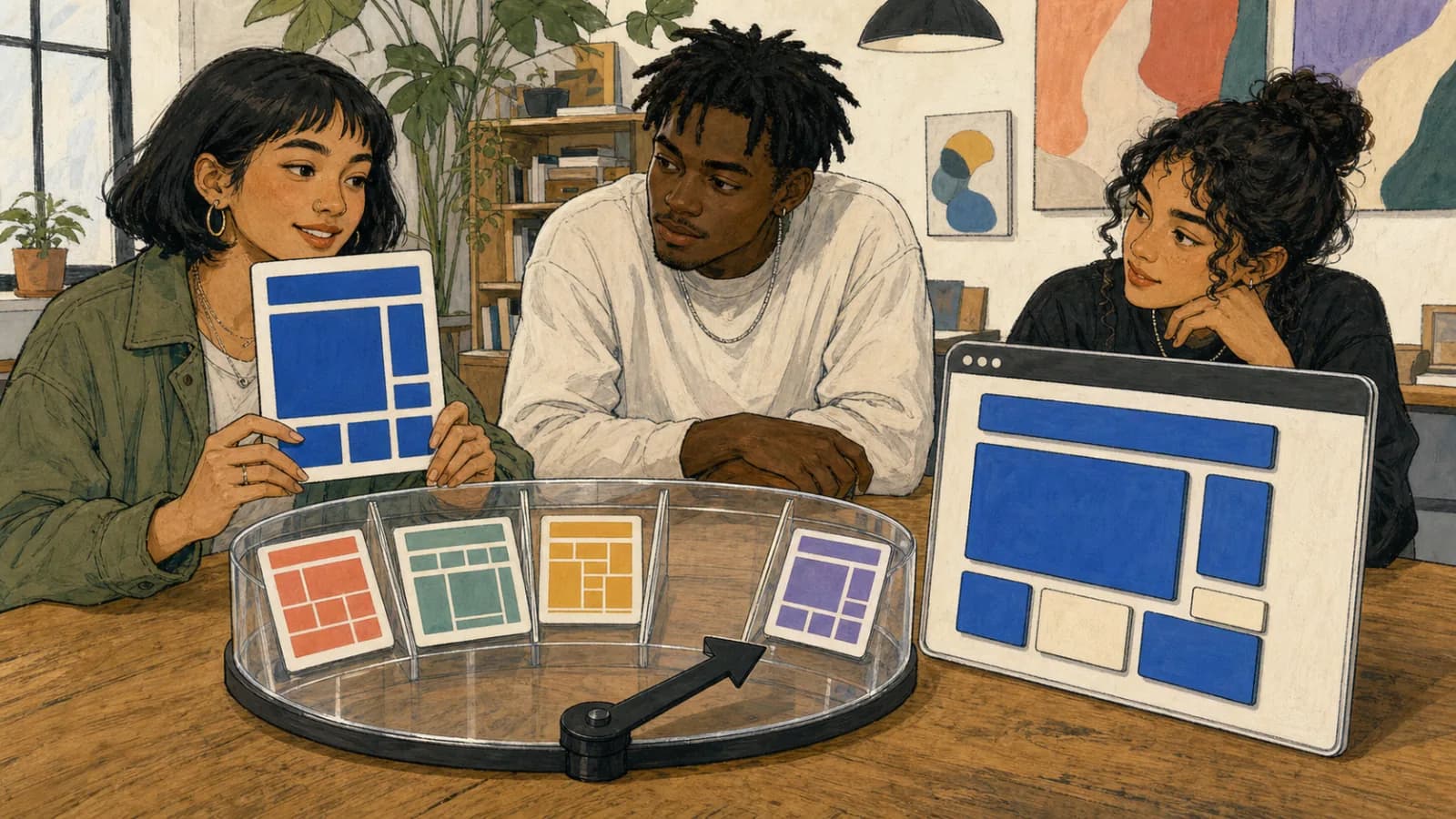 Three creators use a transparent random selector to choose a wordless website layout card, then arrange matching modules in a browser-frame prototype.