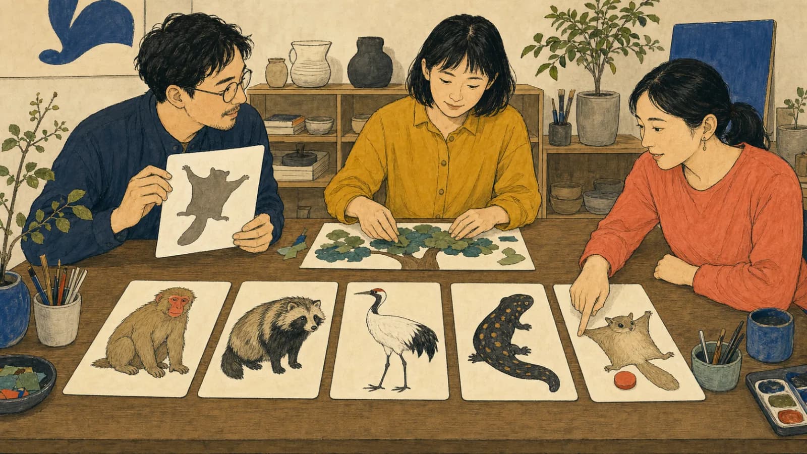 三人の大人が明るい工芸スタジオで、文字のない動物カードを並べ、選択トークンでムササビをランダムに選んでいます。