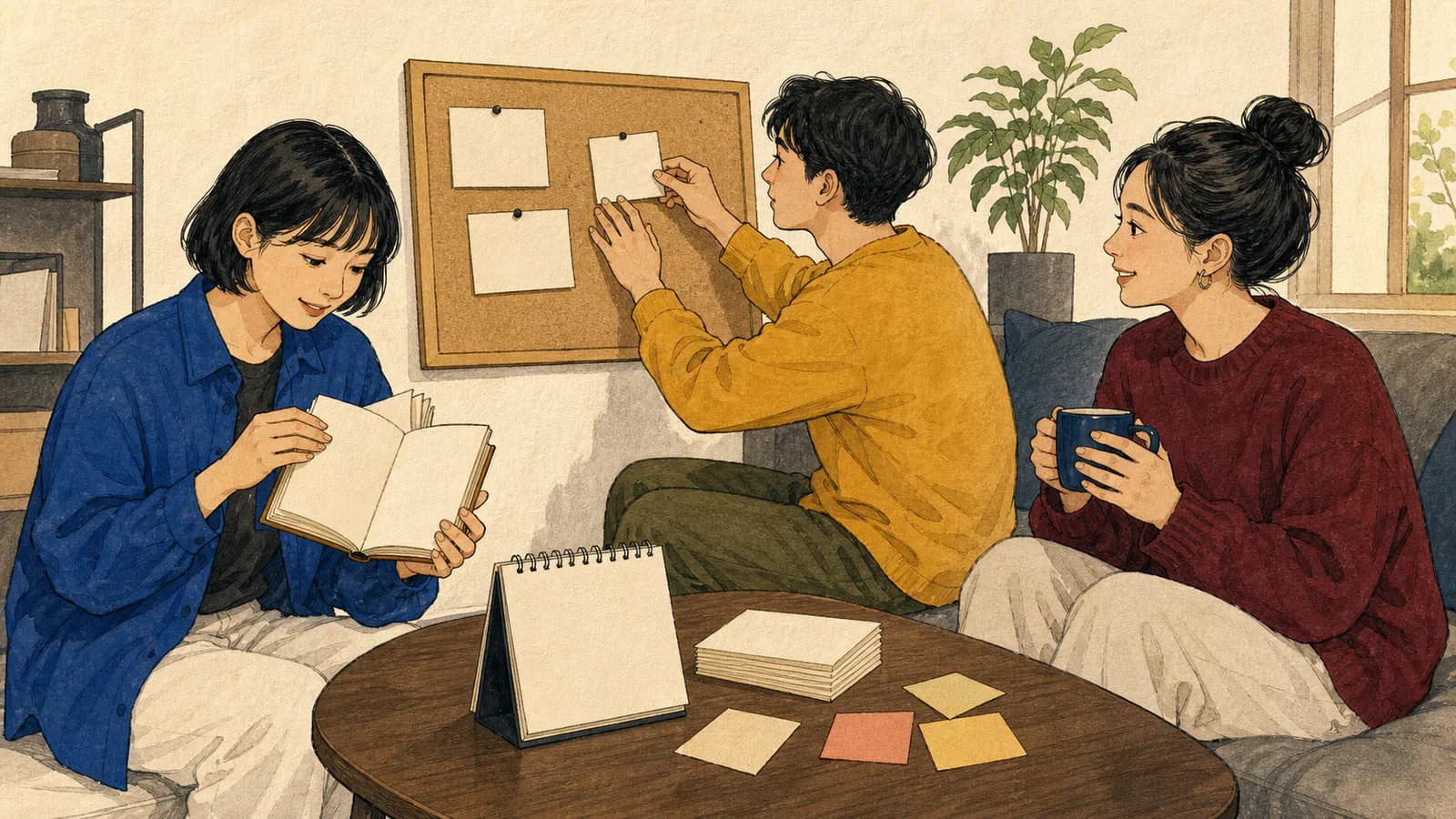 コンパクトな都会のリビングで三人の友人が順番に白いカードを引き、一人はカードをコルクボードに留め、一人はしおりの冊子をめくり、もう一人はマグカップを持って聞いている。