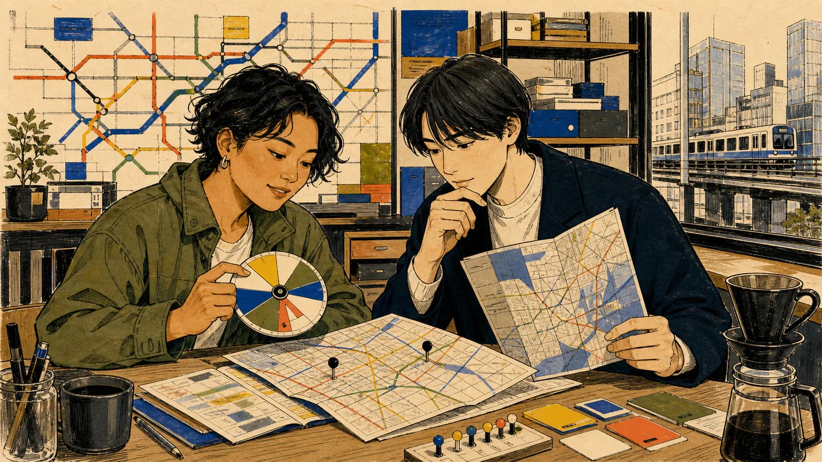 駅の近くで、二人が路線図、都市地図、ルーレットを使って行き先を選んでいるイラスト。