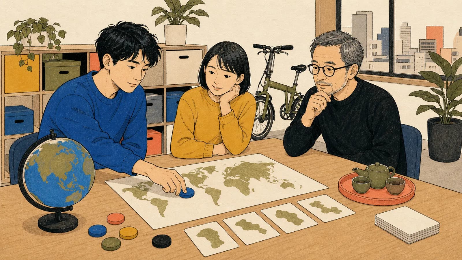 年代の異なる三人の大人が都市の共学スタジオで、世界地図と地球儀を使って国をランダムに選んでいます。