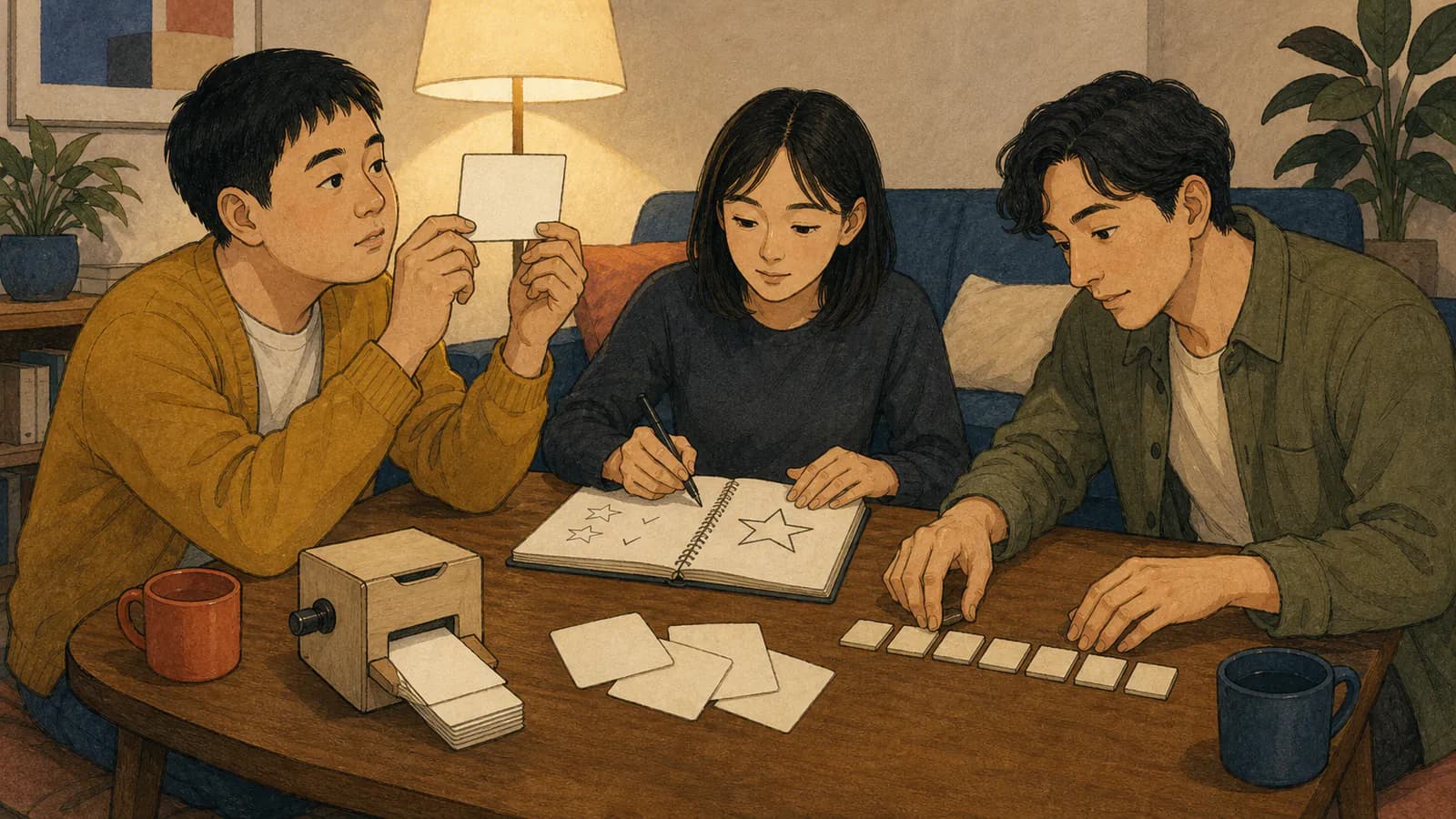 コンパクトな都市部のリビングで造語を考える三人の大人。男性が空白のカードを明かりにかざし、女性がノートに星を描き、もう一人の男性が文字積み木を裏向きのまま並べ替え、脇に手動カードディスペンサーが置かれている。