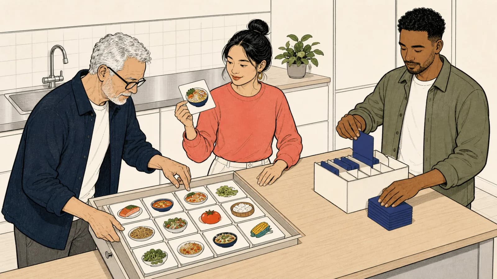 年代の異なる三人の大人が、都会の小さな共同キッチンで料理の絵カードと選択トレーを使い、食事の候補をランダムに選んでいます。