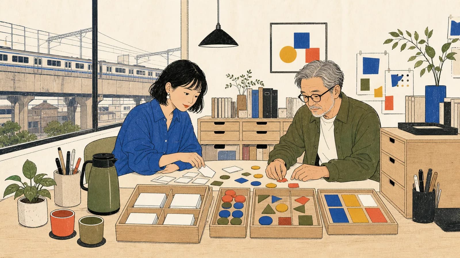 大阪の鉄道沿いにある現代的な共学スタジオで、年代の違う二人がカード、色見本、グループ用の駒を整理しています。
