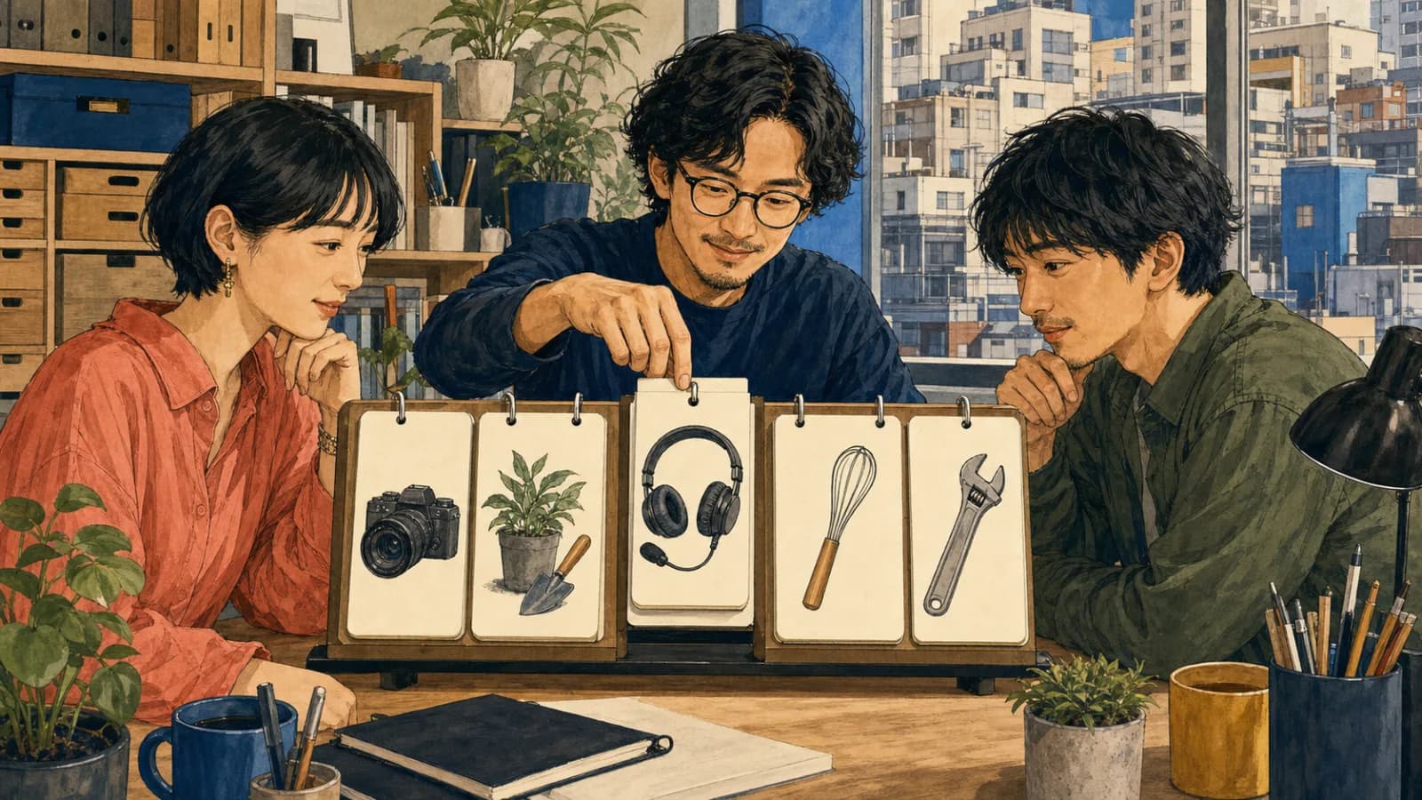 三人の大人が都会のキャリアスタジオでカード選択器を使い、音響制作を表す文字のない職業カードをランダムに選んでいます。