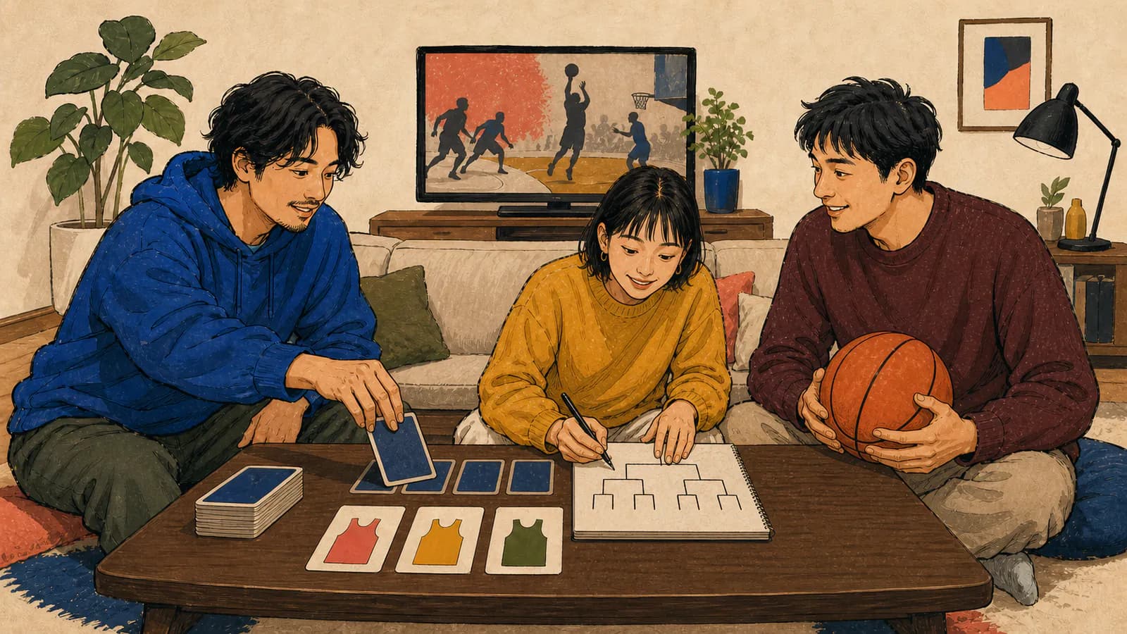 コンパクトなリビングのローテーブルを囲み、チームカードをめくり、ノートにトーナメント表を書き、バスケットボールを持つ三人の大人