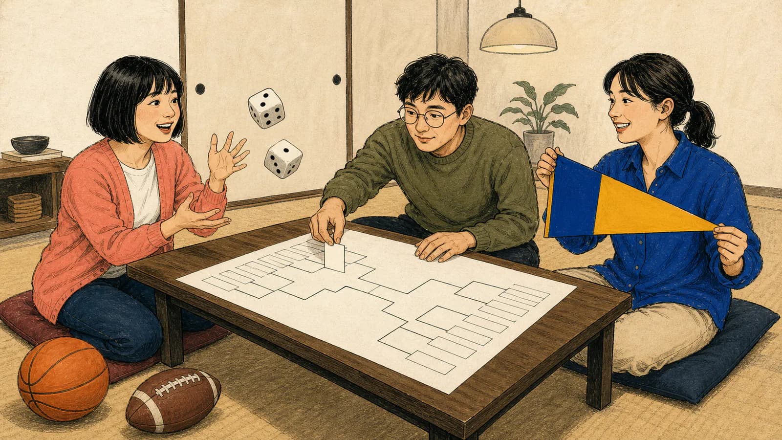 コンパクトなリビングの低テーブルで三人の友人が空白のトーナメント表を埋めている。コーラル色のカーディガンの女性が大きな泡のサイコロを二つ投げ、丸眼鏡の男性が空白のチームカードを空欄に入れ、青いシャツの女性がコバルトとマスタードの無地ペナントを掲げ、そばにバスケットボールとアメリカンフットボールが置かれている。