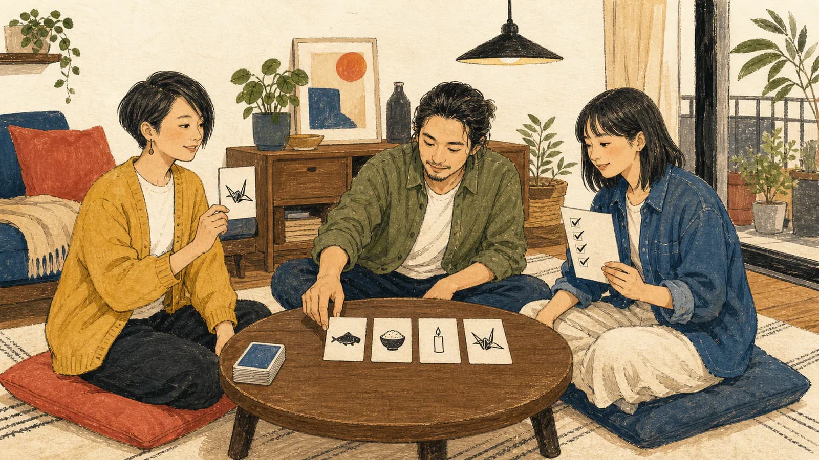 コンパクトなマンションのリビングで、友人3人が物カードゲームをしている。女性が山札から引いたカードを掲げ、男性が引いたカードをテーブルに一列に並べ、女性がチェックリストにチェック印をつけている。