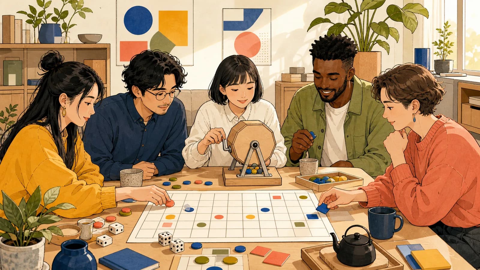 明るい共同スタジオで、参加者がサイコロ、色付きトークン、抽選機、グリッドを使って数の範囲をランダムに選んでいます。