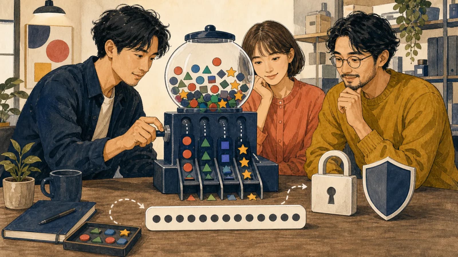 三人の大人が幾何学記号のピースを生成器に入れ、鍵と盾のそばに伏せ字の点列を作っています。