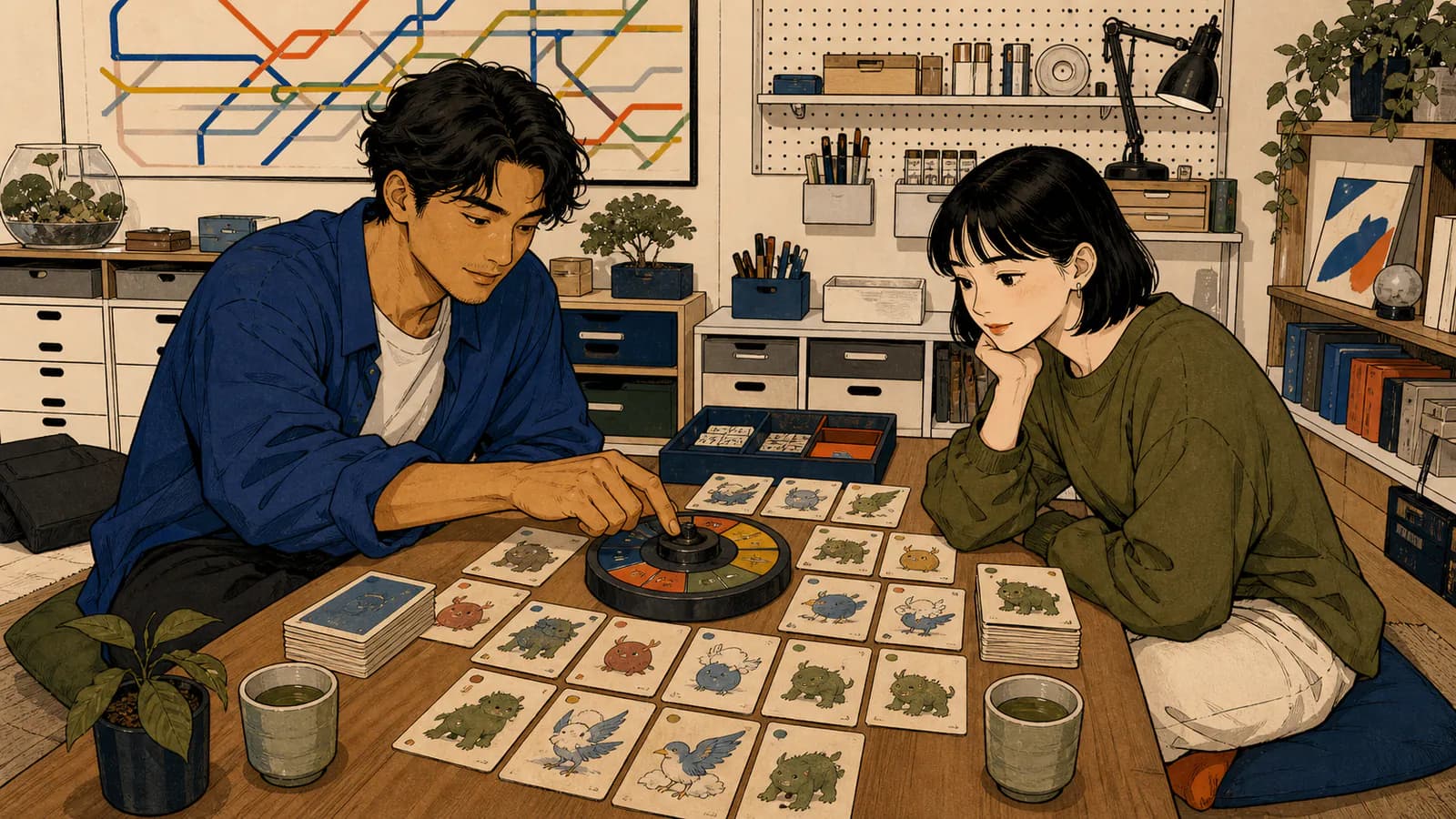 東京の趣味部屋で、二人がルーレットを使ってオリジナルの空想生物カードを選んでいるイラスト。