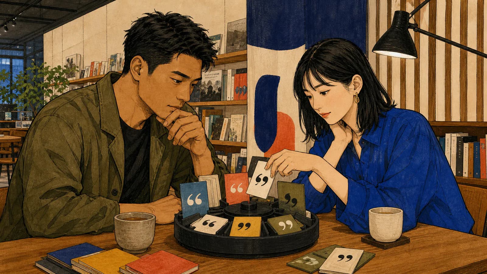 本に囲まれたカフェで、二人が引用符のカードをルーレットから選んでいるイラスト。