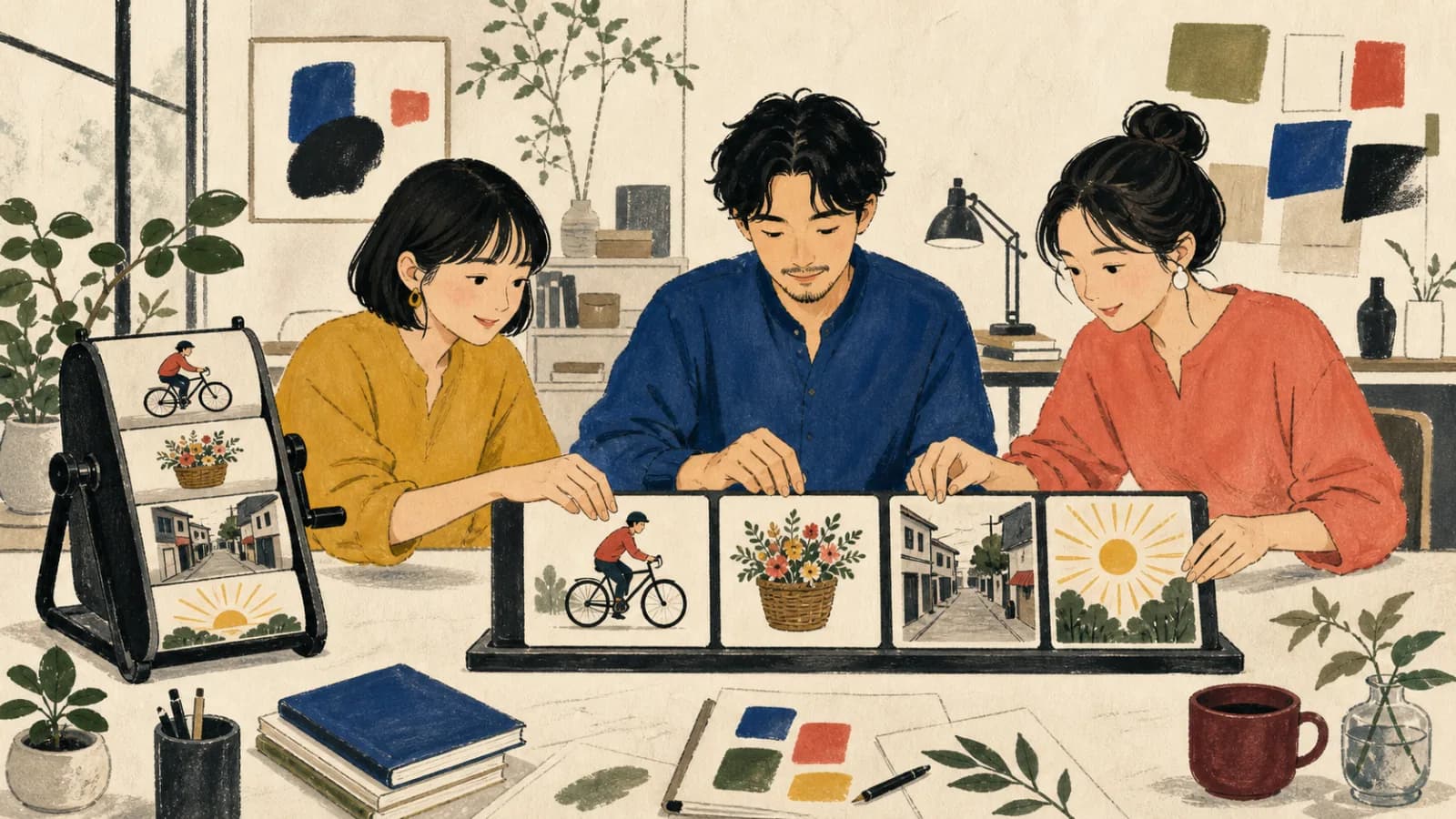 三人の大人が自転車、花かご、路地、朝日を描いたカードを選び、視覚的な文の順番に並べています。