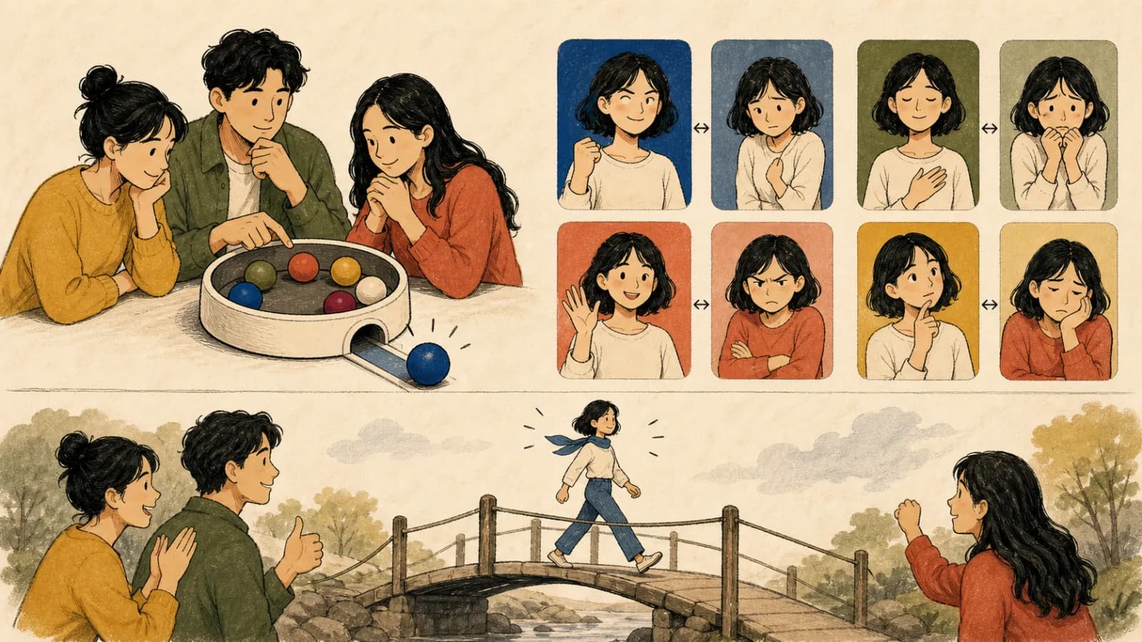 세 명의 성인이 글자 없는 공 선택기로 같은 인물의 용감한 모습과 수줍은 모습, 차분한 모습과 긴장한 모습, 다정한 모습과 심술궂은 모습, 호기심 많은 모습과 지루한 모습을 비교합니다.