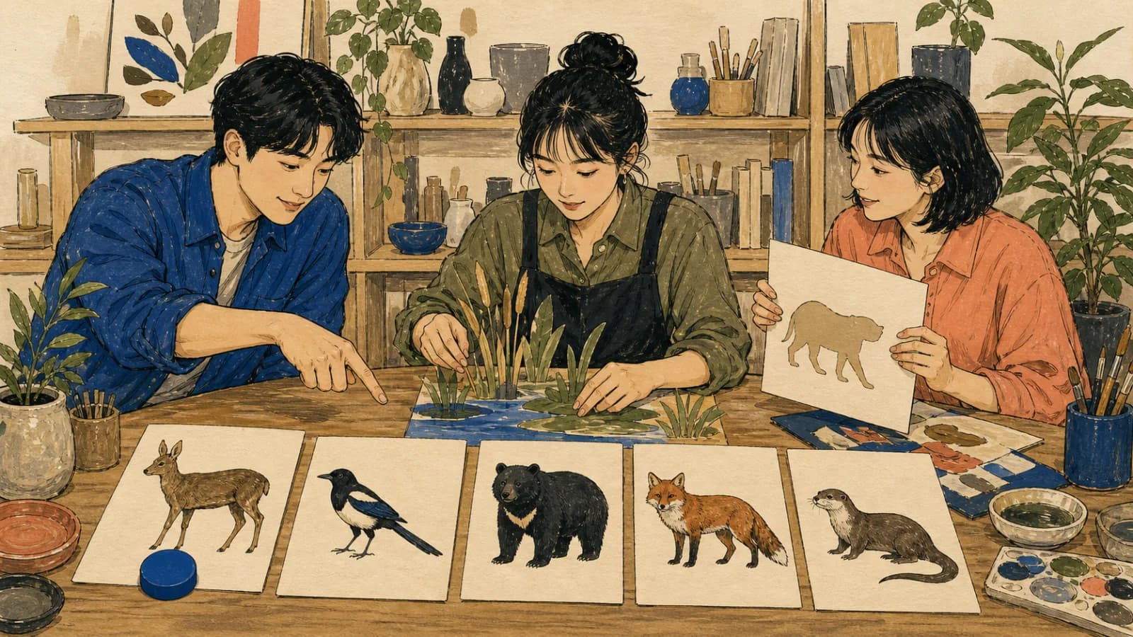 세 명의 성인이 자연 교육 스튜디오에서 글자 없는 동물 카드와 파란 토큰으로 고라니를 무작위로 선택합니다.