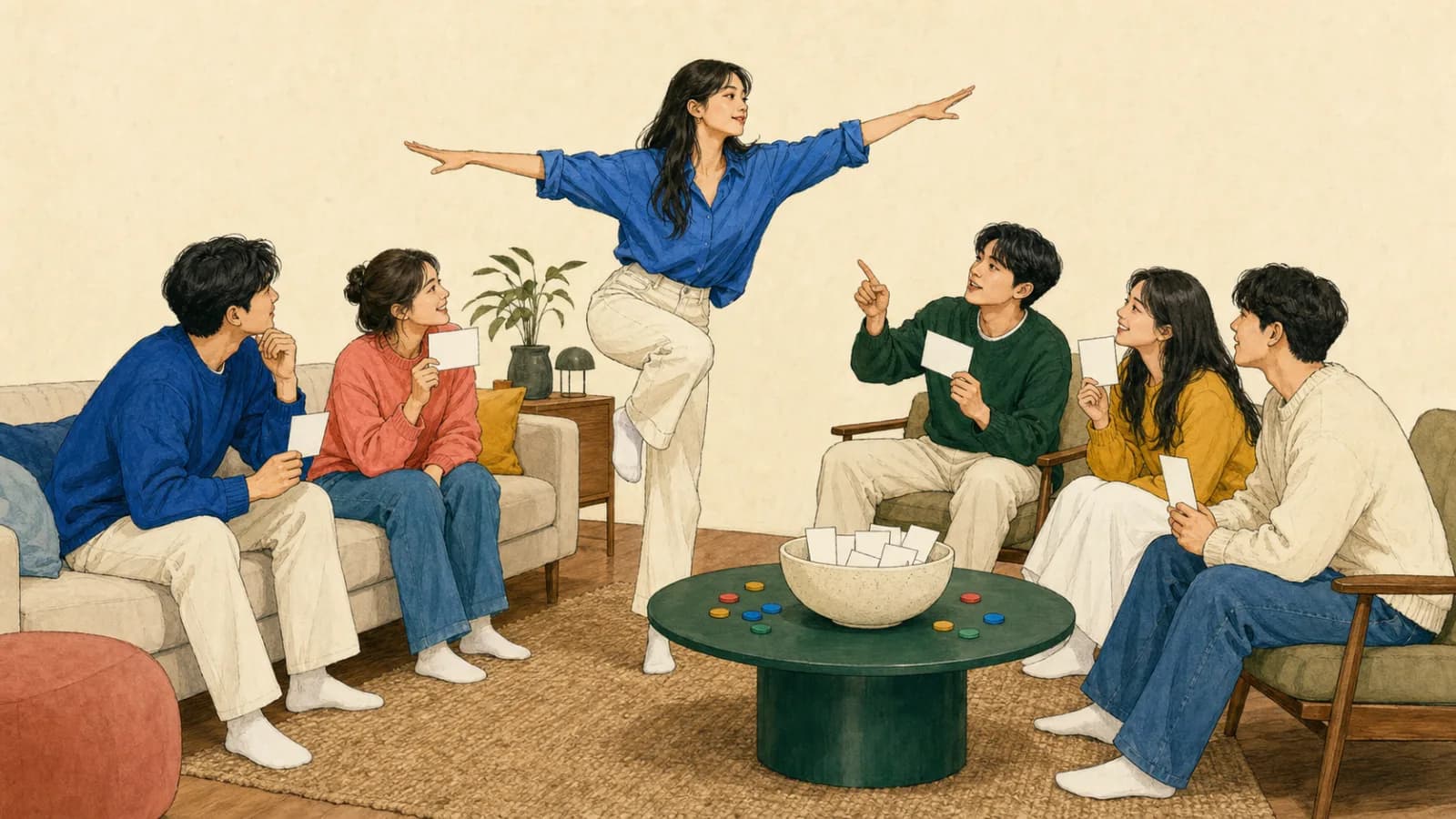 여섯 명의 친구가 밝은 거실에서 몸짓 게임을 하며, 한 사람이 비행기 동작을 하고 다른 사람들은 빈 힌트 카드를 들고 답을 맞힙니다.