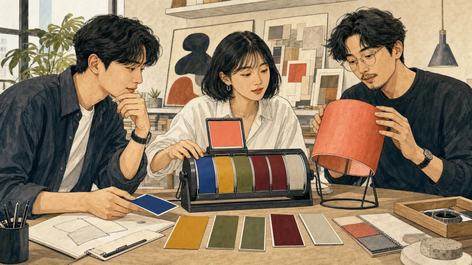 세 명의 성인이 회전식 색상 선택기로 코랄색을 뽑아 전등갓 시제품에 적용합니다.