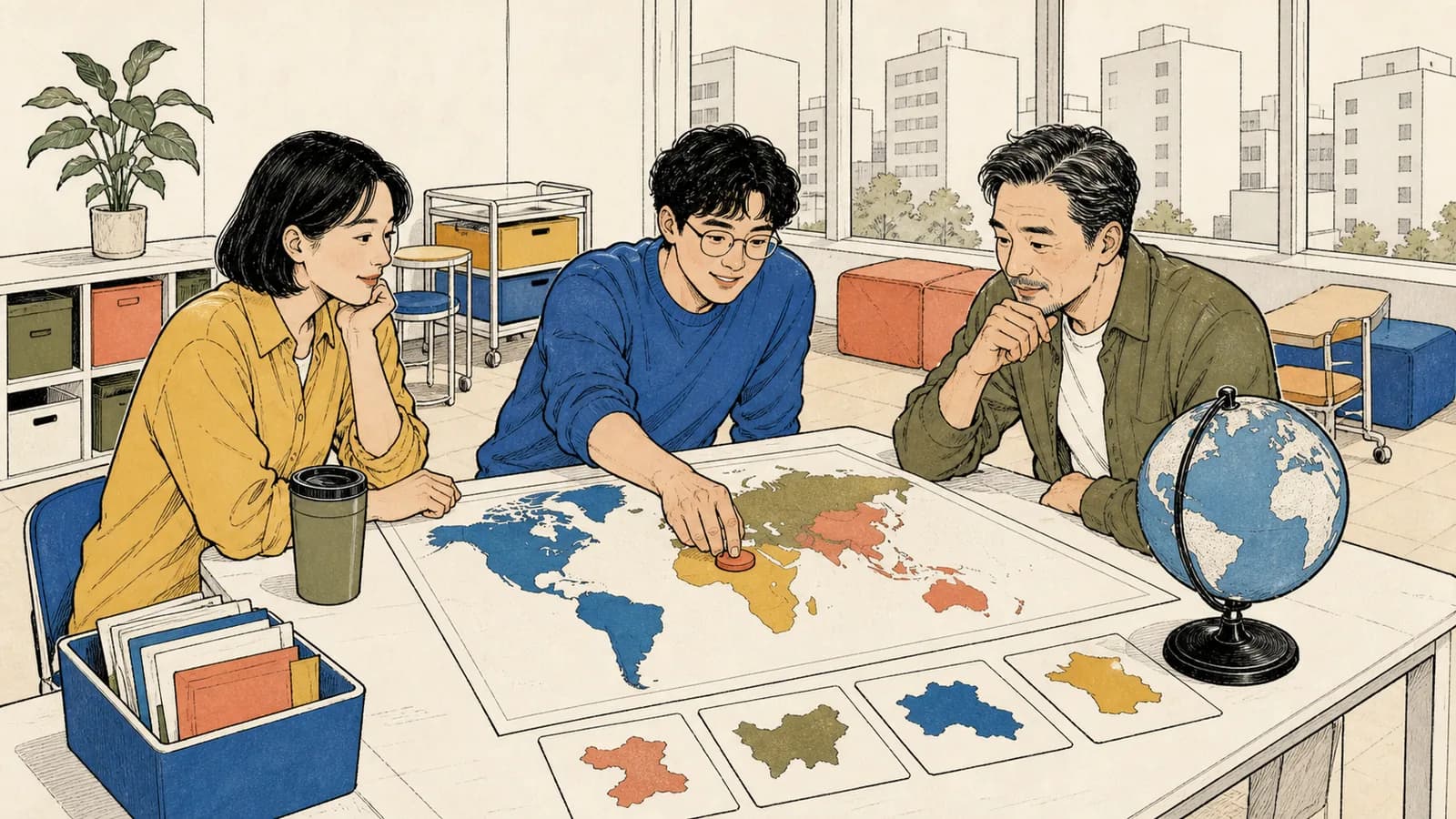 서로 다른 연령대의 세 성인이 서울의 밝은 커뮤니티 작업실에서 세계 지도와 지구본으로 무작위 국가를 고릅니다.