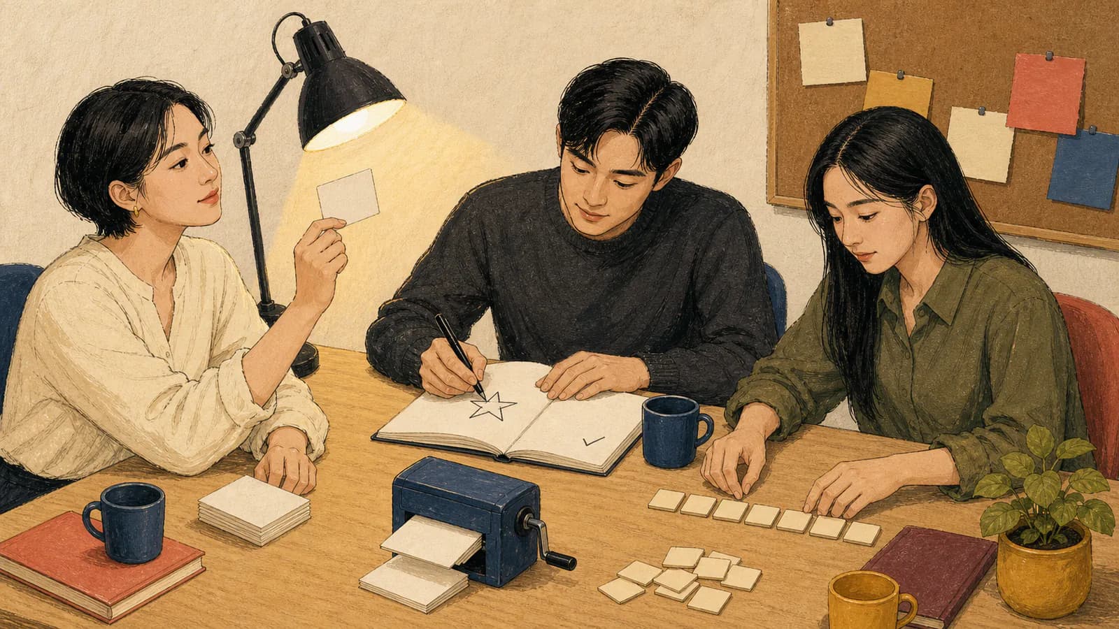 공유 작업 공간의 책상에 모여 새로운 단어를 지어내는 세 명의 성인. 한 여성이 빈 카드를 조명에 비춰 보고, 한 남성이 공책에 별표를 그리고, 다른 여성이 글자 면이 아래로 향한 글자 타일을 섞고 있으며 옆에 수동 카드 디스펜서가 놓여 있다.