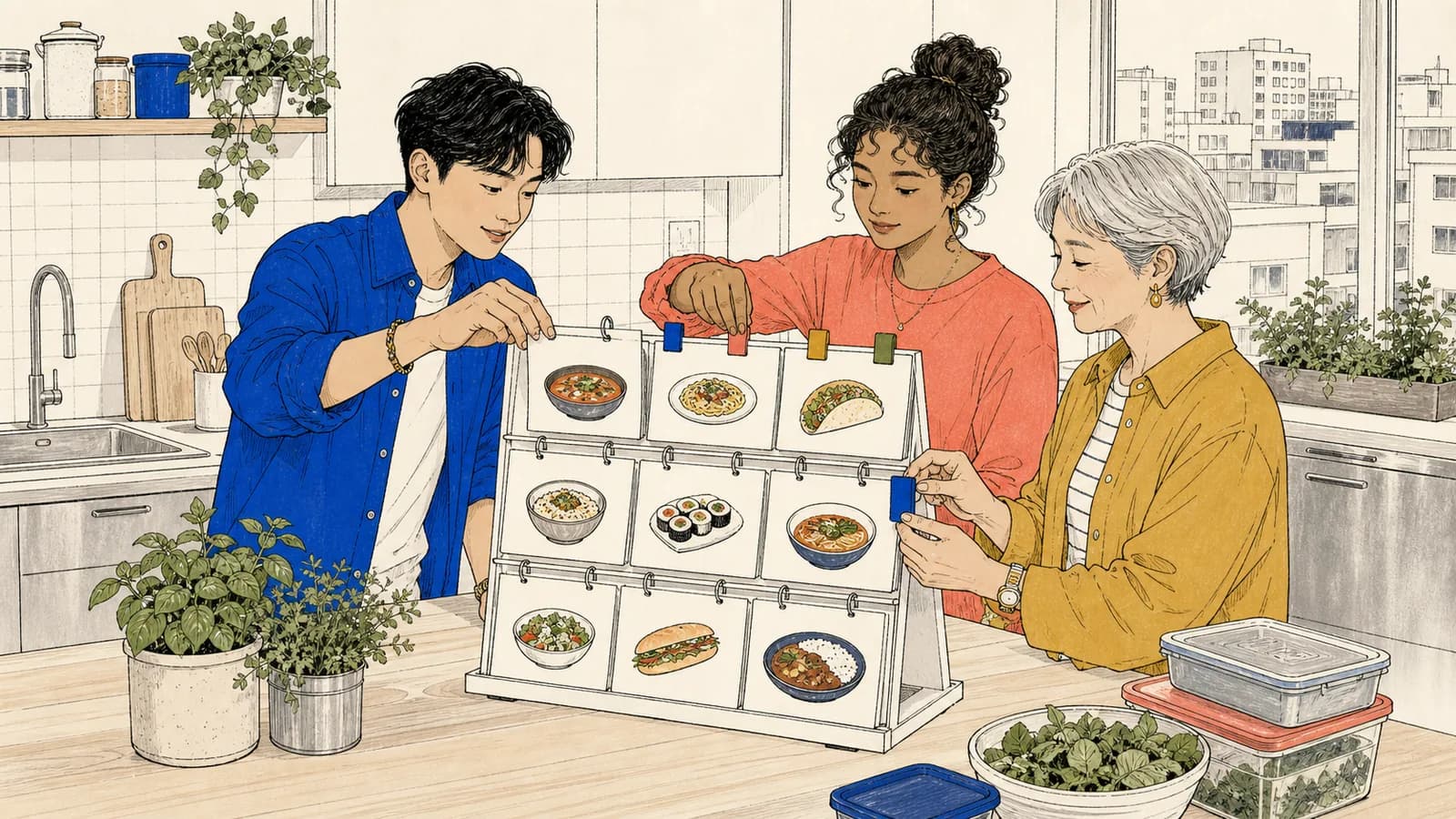 서로 다른 연령대의 세 성인이 서울의 현대적인 공유 주방에서 음식 그림 카드와 선택 클립으로 무작위 식사 아이디어를 고릅니다.