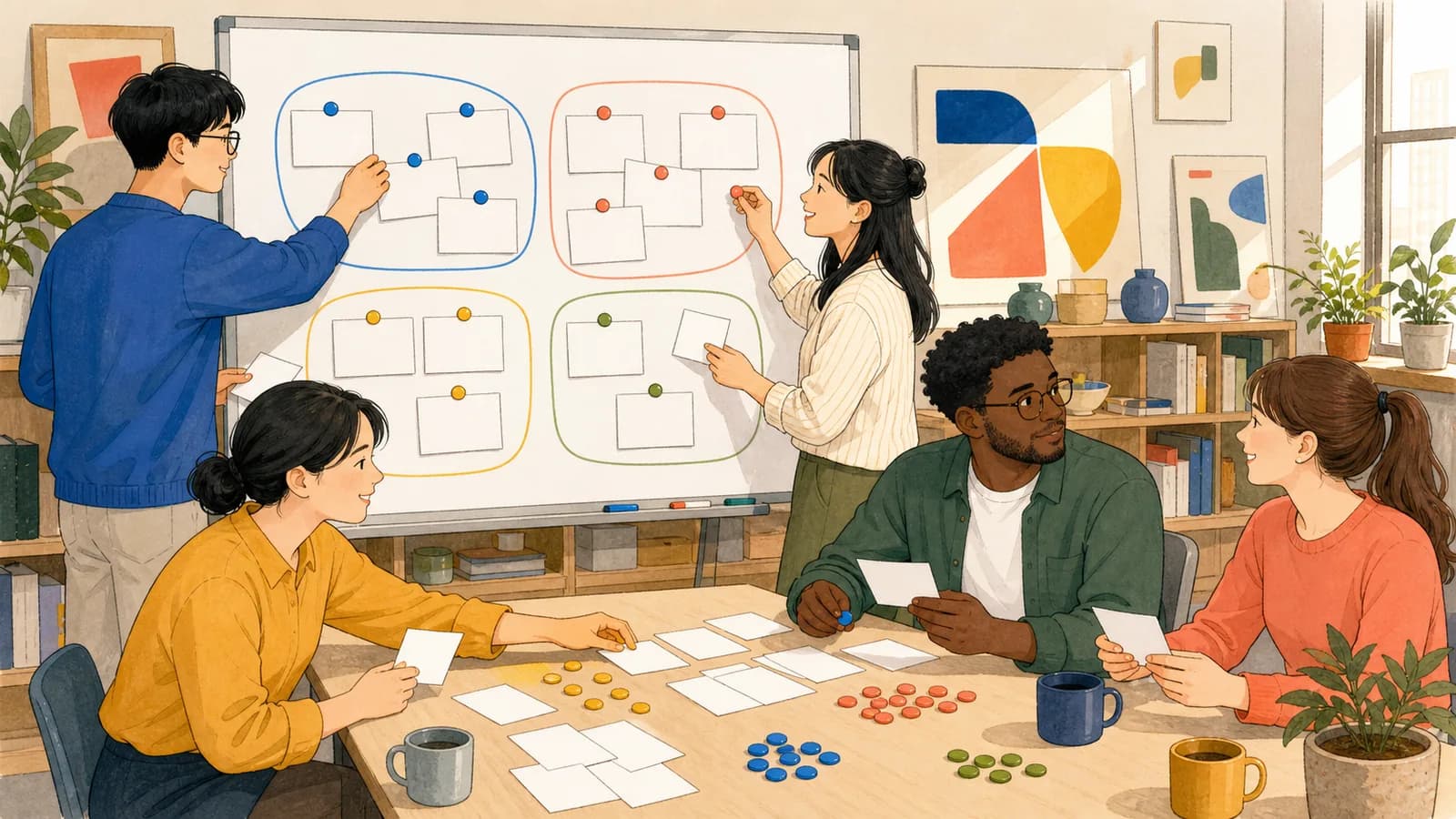 한국의 창작 스튜디오에서 사람들이 빈 카드와 색 자석을 여러 개의 균형 잡힌 그룹으로 나눕니다.