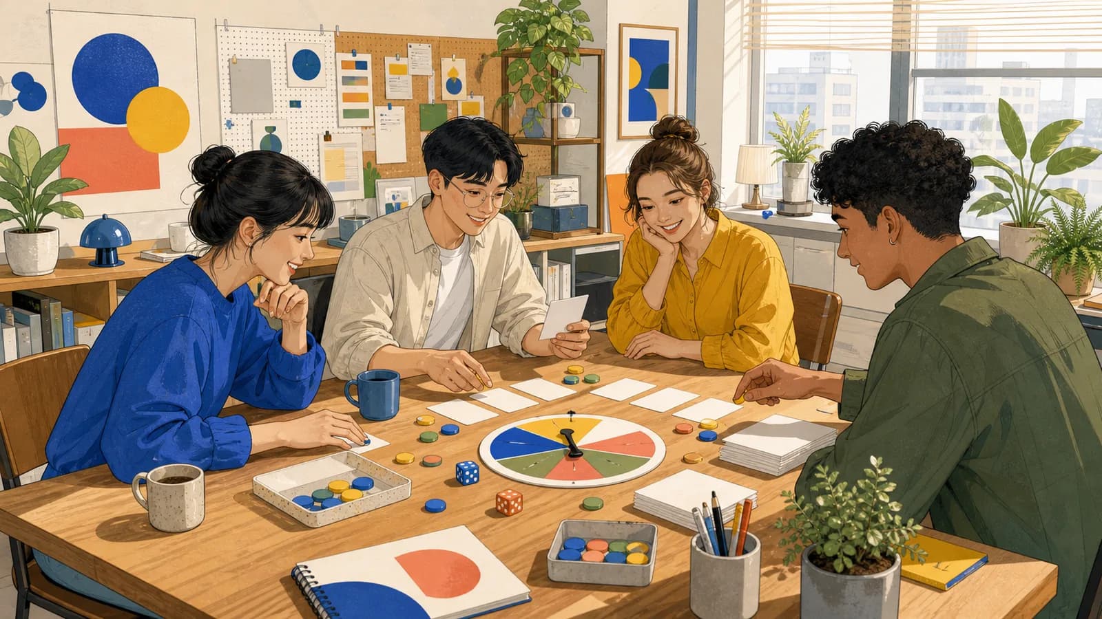 한국의 창작 스튜디오에서 사람들이 주사위, 빈 카드, 색 토큰, 돌림판으로 무작위 아이디어를 고릅니다.