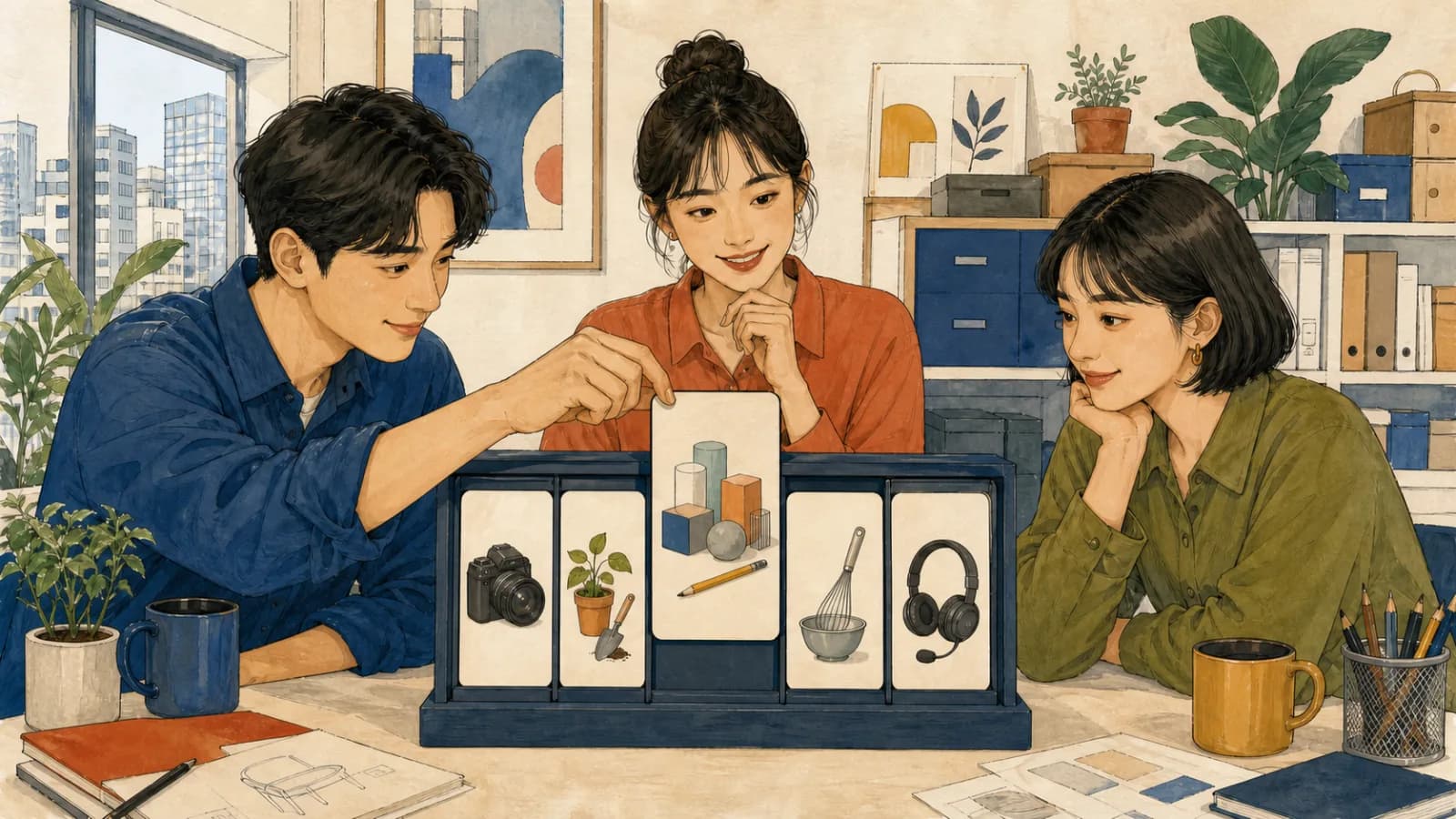 세 명의 성인이 서울의 진로 작업실에서 카드 선택 장치를 이용해 모형 블록과 연필로 표현한 제품 디자인 직업을 무작위로 고릅니다.