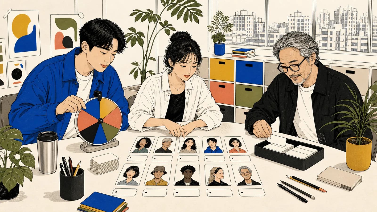세 명의 성인이 밝은 창작 스튜디오에서 인물 카드와 빈 이름표를 정리하고 색상 룰렛으로 이름을 고릅니다.